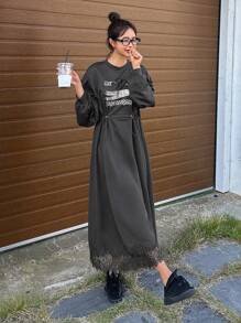 DAZY Vestido de sudadera con estampado y cintura suelta para mujer, ropa de otoño