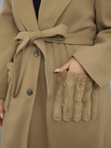 Mulvari Plus Size Mid-Length Color Block Fluffy Pocket Coat