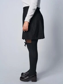 SHEIN PETITE CURVE 大码时尚透视网纱撞色蝴蝶结装饰黑色紧身裤，适合春季、情人节、狂欢节、派对、日常休闲、通勤、办公、毕业典礼等场合穿着。 - 黑色 - 查看 5