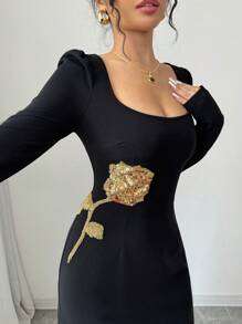 Modelyn 女士优雅针织方领修身刺绣紧身长袖连衣裙超长女士装长款晚礼服 - 黑色 - 查看 6