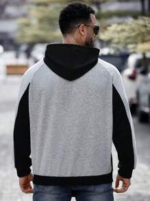 Manfinity Homme Plus Size Men's Solid Color Splice Long Sleeve Letter Print Minimalist Casual Hoodie - Multicolor - View 2
