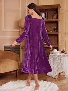 Square Neck Long Velvet Nightgown, French Palace Style - Purple - View 2