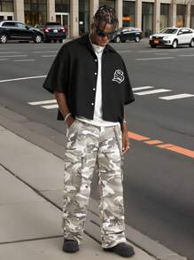 Manfinity NXTstreet Men's Woven Cross Embroidery Oversized Short Sleeve Shirt With Matching Shorts - Black - View 3