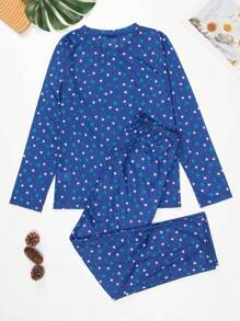 青少年女孩五角星印花圆领长袖上衣和裤子休闲睡衣套装 - 寶藍色 - 查看 2