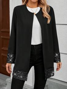 EMERY ROSE Women Casual Patchwork Glitter Print Open Front Regular Jacket, Autumn Christmas Women Clothes Holiday Outfits Sequin - Black - View 3