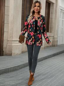 EMERY ROSE Women Floral Print Front Open Long Sleeve Jacket, Fashionable For Autumn Christmas Women Clothes - Multicolor - View 6