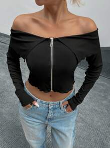 Chiquease Women's Y2K Solid Color Zip Front Off Shoulder Long Sleeve Knit Top