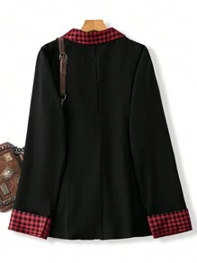 SHEIN LUNE Abrigo blazer de talla grande con patrón a cuadros y patchwork para otoño - Negro - Ver 2