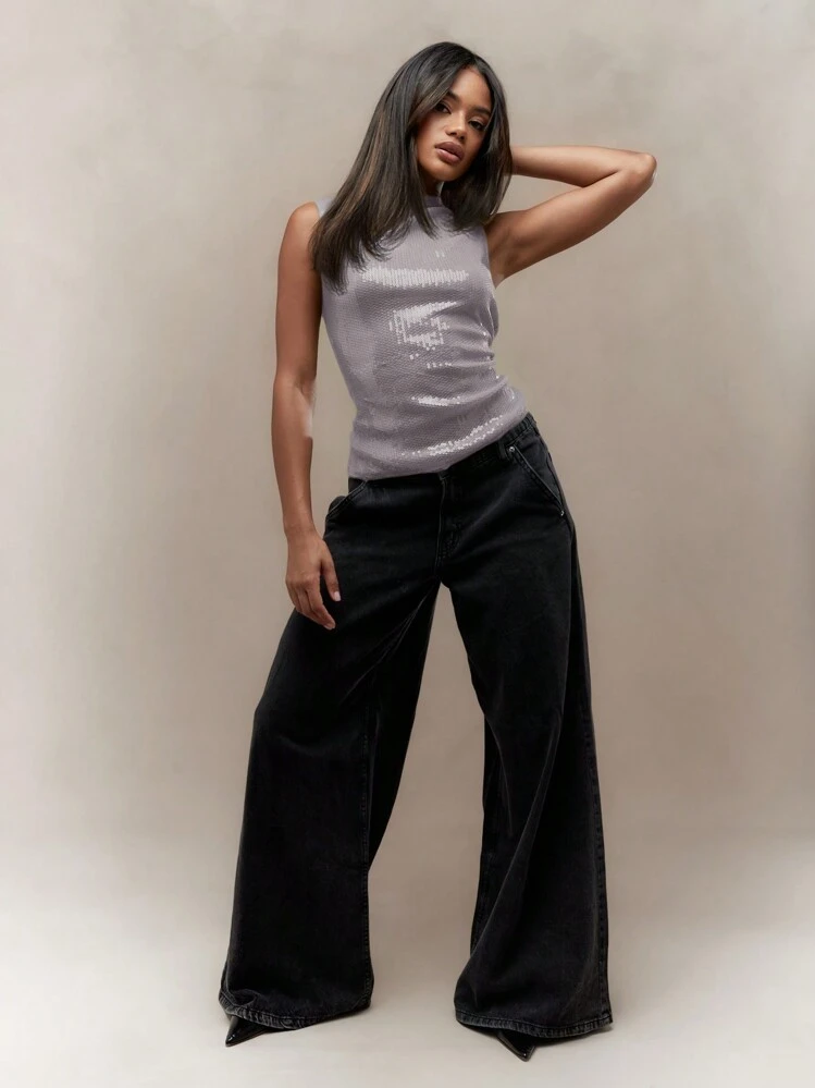 MISSGUIDED Áo thun polo cổ tròn không tay đính sequin phong cách tương lai Y2K - Bạc - Xem 4