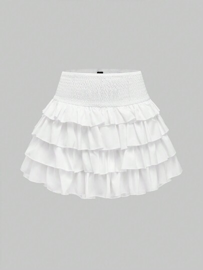 J-Fashion Women Solid Color Shirred Waist Layered Ruffle Hem Mini Skirt