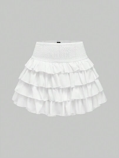 ROMWE J-Fashion 女士纯色褶皱腰褶边下摆迷你裙