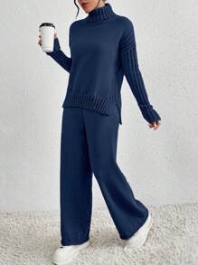 Calvaya 2pcs/Set Women Casual High Neck Drop Shoulder Sweater And Pants, Autumn/Winter - Royal Blue - View 5