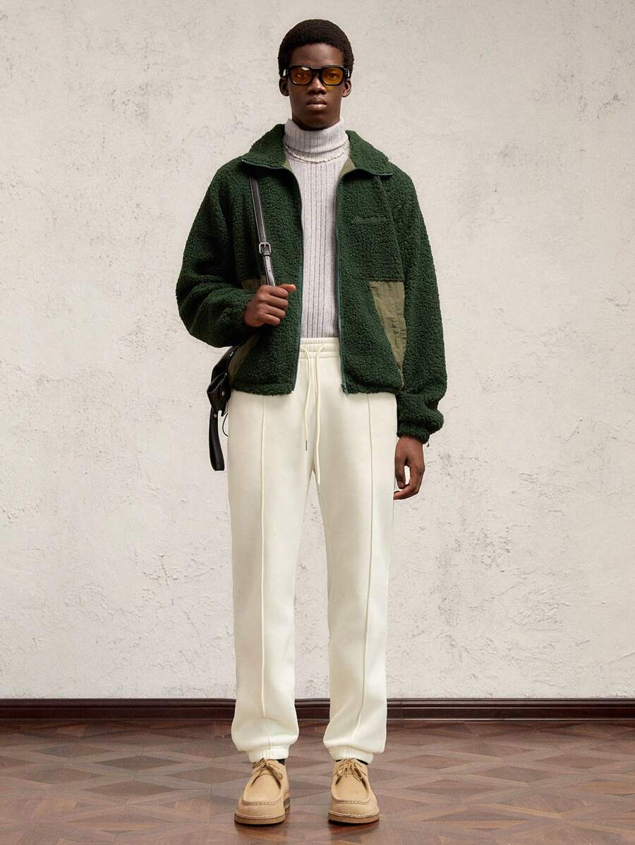 AKNOTIC Business Casual Men Slim Fit Full Length Drawstring Waist Fleece Sweatpants, For Autumn/Winter - White - View 1