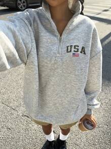 SHEIN EZwear Women's Casual Vintage USA Flag Pattern Loose Fit Half-Zip Hooded Sweatshirt In Fall/Winter - Grey - View 6
