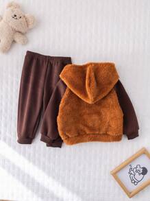 Cozy Pixies Bộ 2 món/Bộ áo nỉ trùm đầu tay raglan phối màu cho bé trai và quần jogger - Cà phê nâu - Xem 2