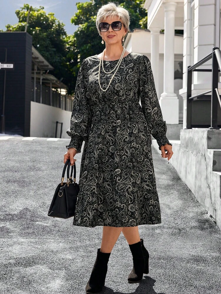 Plus Size Christmas Dress Winter Dress Round Neck Long Sleeve Allover Print Casual Short Dress,Winter Clothes For Women