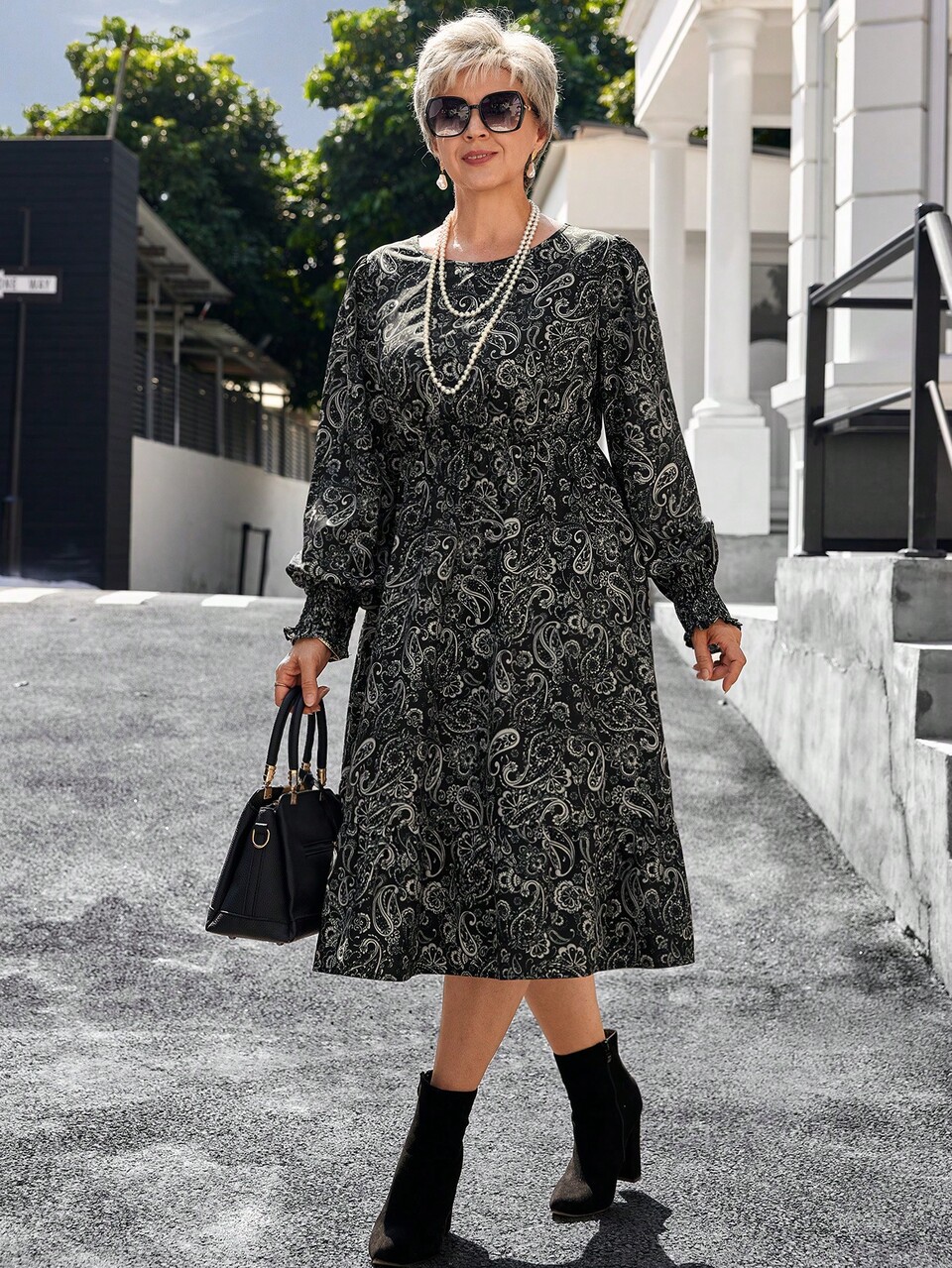 Plus Size Christmas Dress Winter Dress Round Neck Long Sleeve Allover Print Casual Short Dress,Winter Clothes For Women
