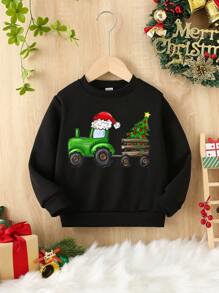 SHEIN Christmas Baby Boys Casual Creative Cartoon Santa Hat & Christmas Tree Graphic Print Basic Crew Neck Sweatshirt - Black - View 3