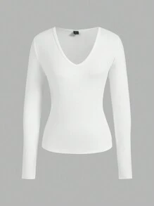 SHEIN EZwear 2pcs/Set Plus Size Women Deep V-Neck Slim Fit Casual Long Basic Long Sleeve T-Shirt Pullover Suit, Suitable For Autumn/Winter - Black and White - View 3