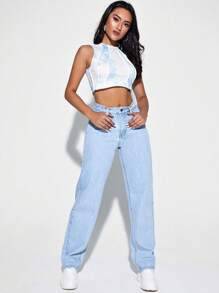 SHEIN EZwear High Waisted Light Wash Jeans - Light Wash - View 5