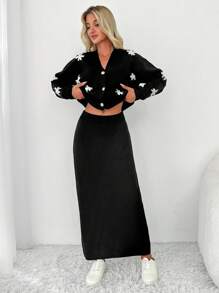 EURMUSE Floral Pattern Drop Shoulder Cardigan & Knit Skirt - Black - View 3