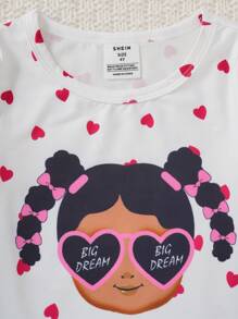 2 Stücke Set aus afrikanisch bedruckter Herz-Grafik Leggings und eng anliegendem Langarm-Homewear im Street-Fashion-Stil für Kleine Mädchen in Schwarz-Weiß