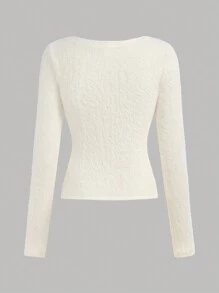 SHEIN Leap Crew 青少年女孩百搭 V 领高领修身高弹力蓬松毛衣白色 T 恤，秋冬 - 白色 - 查看 2