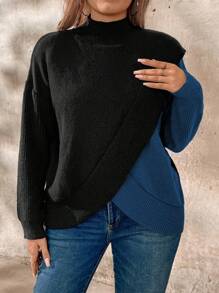 SHEIN LUNE Plus Size Contrast Color Crisscross Wrap High Neck Casual Pullover Sweater, For Winter Knit Pullover Fall - Navy Blue - View 7