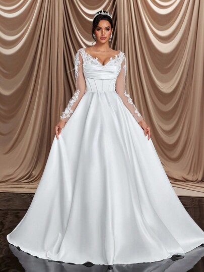 Glamrae Elegante, hermoso y lujoso vestido de novia largo de manga larga de gasa beige con bordado de encaje, aplicaciones de cristal y perlas, dobladillo con volantes y tren desmontable, adecuado para bodas, fiestas y vacaciones