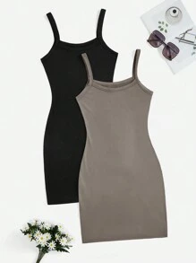 SHEIN Privé Buy 1 Get 1 Free 2pcs/Set Women Solid Color Casual Bodycon Spaghetti Strap Off Shoulder Sundress, Suitable For Commuting, Outdoor Activities And Shopping