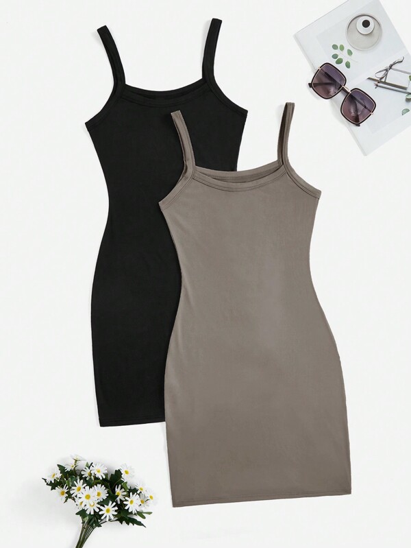 SHEIN Privé Buy 1 Get 1 Free 2pcs/Set Women Solid Color Casual Bodycon Spaghetti Strap Off Shoulder Sundress, Suitable For Commuting, Outdoor Activities And Shopping