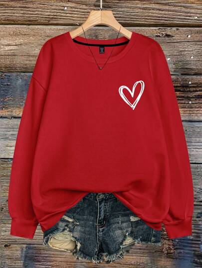 大码女式圣诞心形雪花图案印花圆领卫衣，适合新年、毕业季、返校季、教师节等场合，秋冬季节也可穿着。