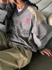 DAZY 女士撞色字母印花宽松套头衫，春夏秋季长袖女装上衣图案T恤 - 灰色 - 查看 3