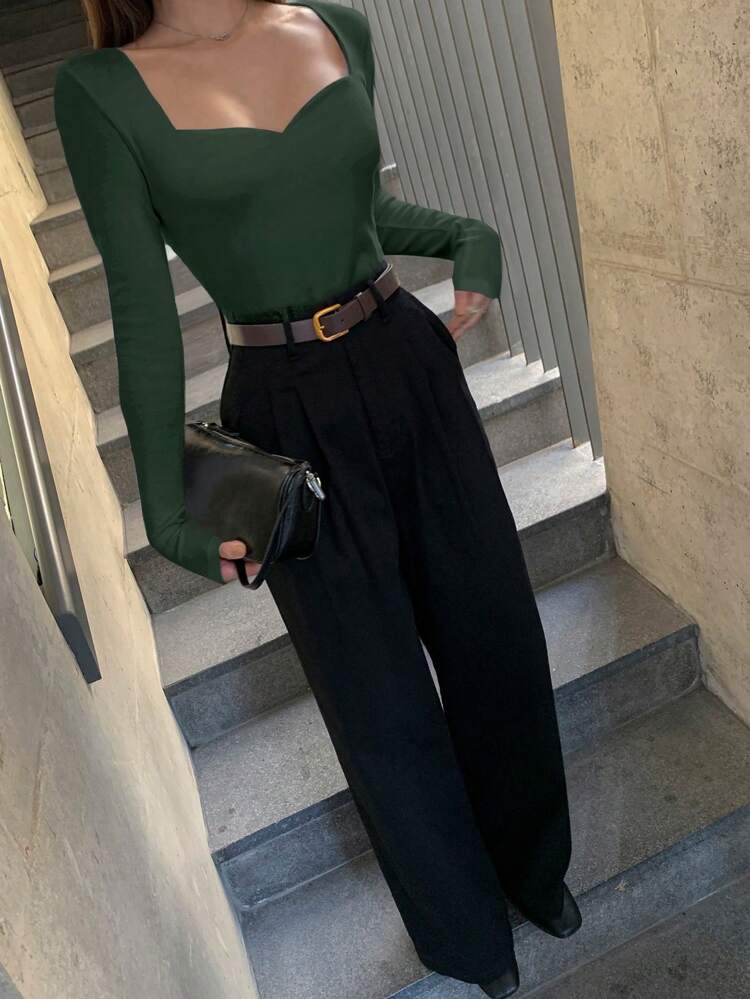 Women's Solid Color Fitted Long Sleeve Sweetheart Neckline T-Shirt,Basic For Spring & Autumn Summer