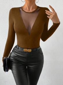 SHEIN PETITE Autumn Sexy Mesh Contrast Form-Fitting T-Shirt - Coffee Brown - View 1