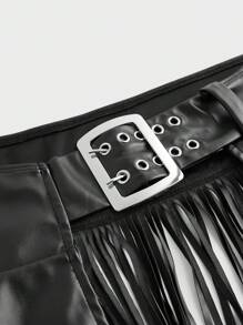 FeverCity Men's Waist Metal Buckle Accented Patchwork Fringe Cutout PU Leather Fashionable Pants, Going Out Baggy Pants, For Husband, Boyfriend Gifts
