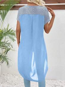 SHEIN LUNE 圆领网眼撞色纯色高低休闲短袖衬衫 - 淺藍色 - 查看 2