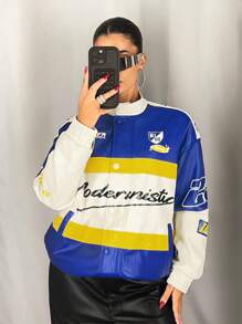 SHEIN ICON 复古摩托车图案拼色宽松 PU 皮夹克，克莱因蓝色 - 彩色 - 查看 3