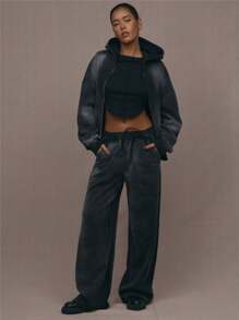 MUSERA Distressed Washed Wide Leg Sweatpants Vacation - Black - View 5