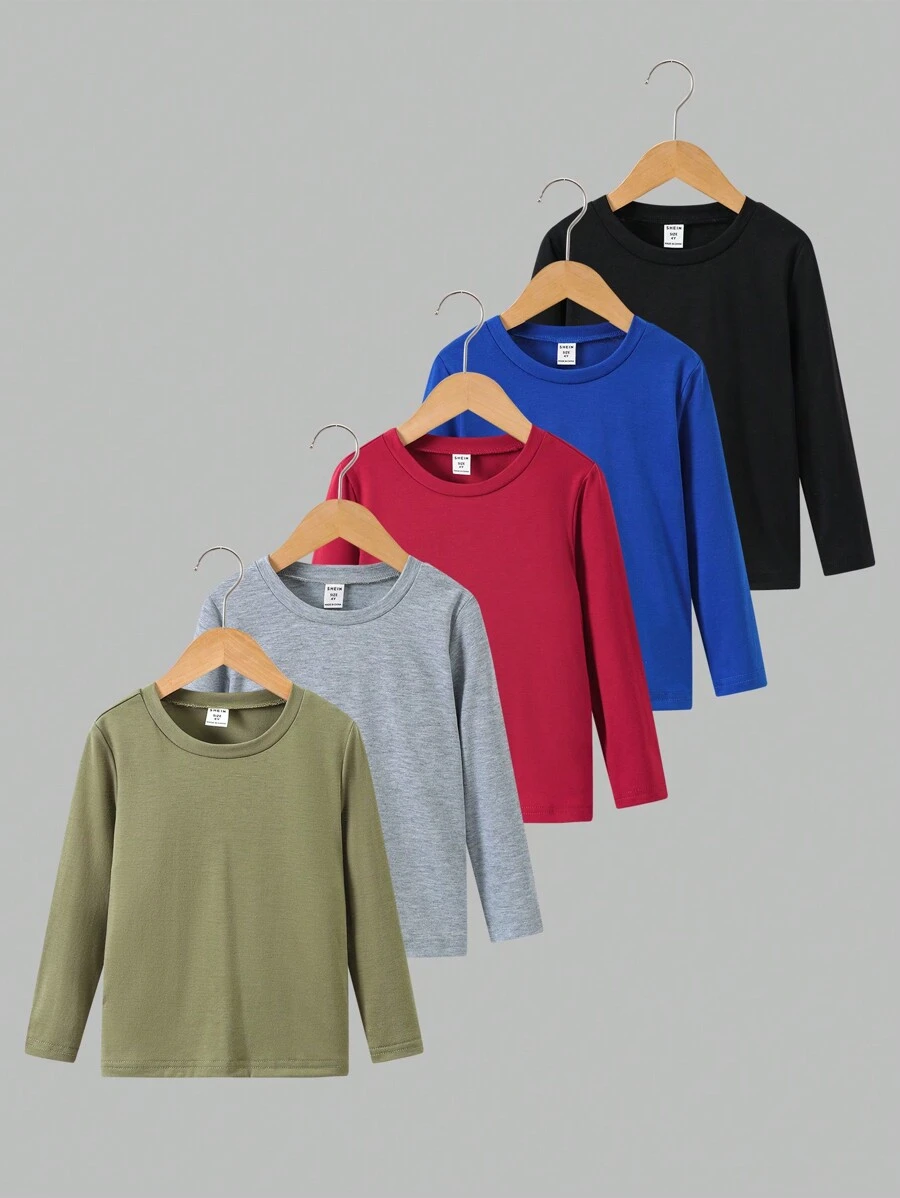 SHEIN Young Boy Solid Color Round Neck Casual Versatile Long Sleeve T-Shirt, School, Campus, College - Multicolor - View 1