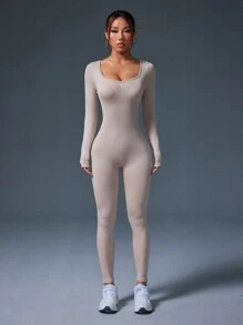1pc Women's Fashionable Solid Color Elastic Crew Neck Skinny Jumpsuit For Sports