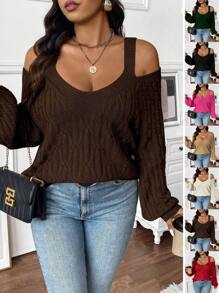 Celure Plus Size Women Knitted Cold Shoulder Partially Open Back Regular Loose Pullover Sweater, Autumn/Winter Fall - Coffee Brown - View 2