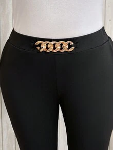 SHEIN LUNE 大码女式金属装饰弹性腰部优雅外出口袋修身长裤 - 彩色 - 查看 6