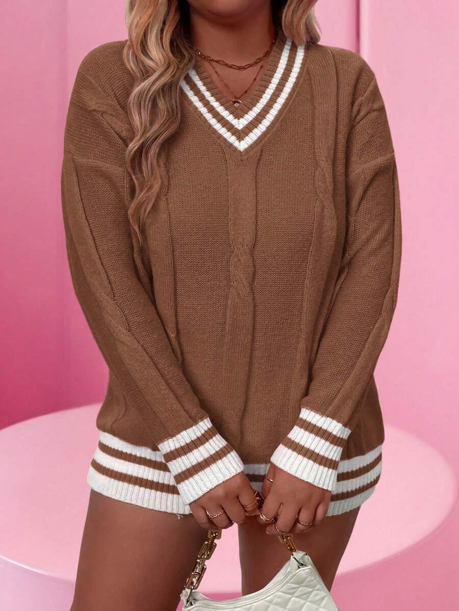 SHEIN LUNE 大码女式撞色条纹V领长袖休闲套头毛衣，秋冬针织套头衫 - 鏽棕色 - 查看 1