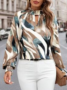 SHEIN Clasi 女士秋季休闲镂空花卉印花荷叶边领长袖衬衫，适合通勤和户外穿着 - 彩色 - 查看 8