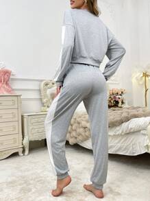 V领撞色长袖上衣和裤子女士两件套睡衣套装 - 淺灰色 - 查看 2