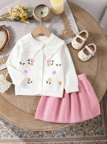 Dziewczęcy sweter z długim rękawem i haftem kwiatowym oraz spódnica z dzianiny, ładny, modny strój na jesień/zimę