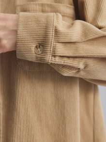 Ontre 2 pièces Ensemble chemise et shorts en velours côtelé en coton pour femmes, tenue casual, automne/hiver - Kaki - Voir 8