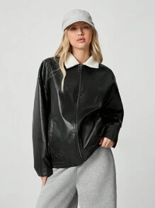 SHEIN EZwear Casual And Stylish Zippered Off-Shoulder PU Leather Jacket - Black - View 4