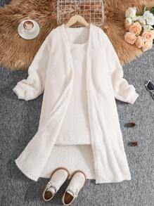 SHEIN 2 pièces Ensemble robe sans manches et cardigan casual et confortable pour filles pré-adolescentes